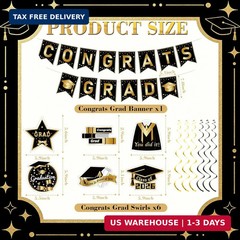 2026 Graduation Party Decorations Black and Gold Congrats Grad Banner Backdrop T