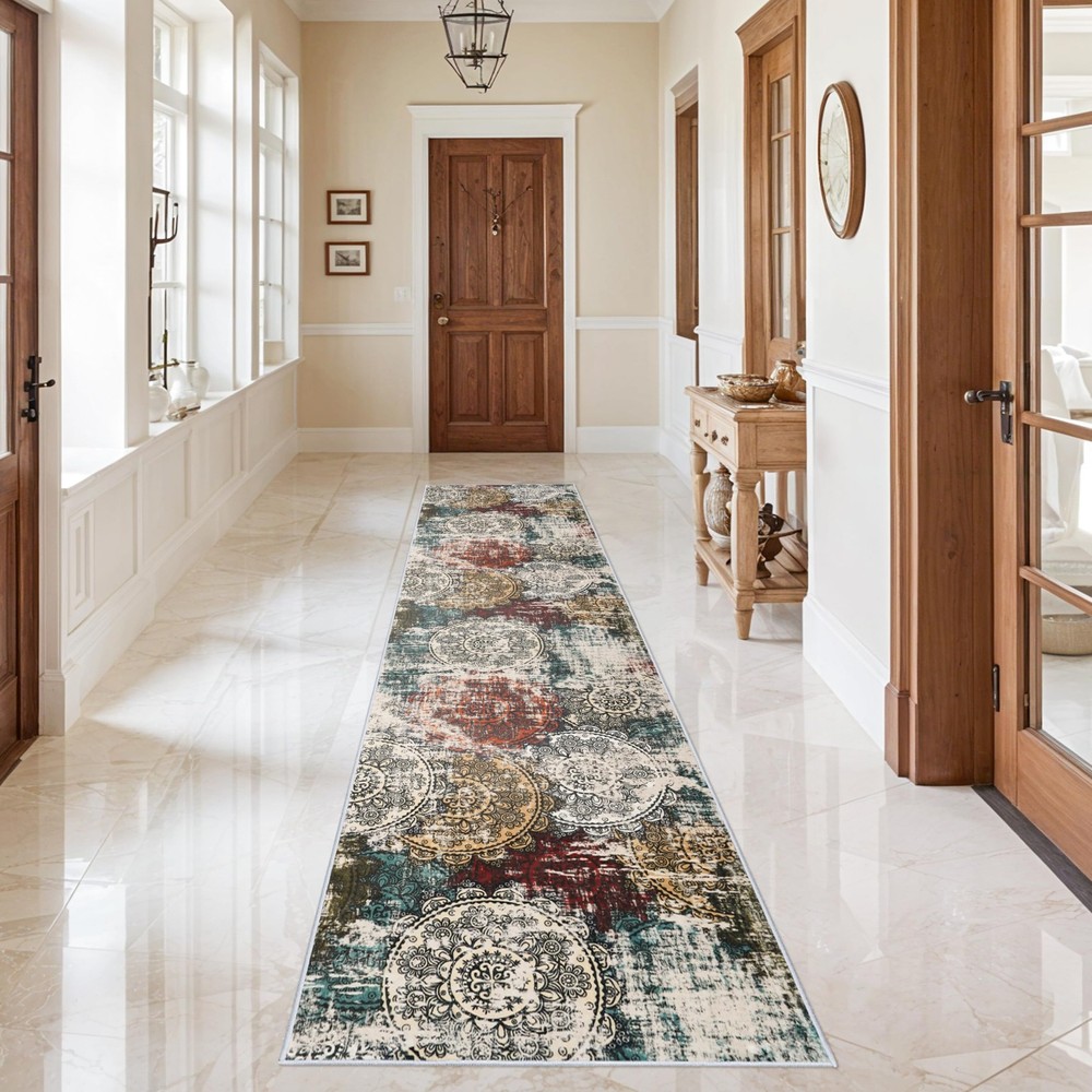 BYYVOO 3×12 Runner Rug for Hallway – 3′ x 12′ (Rectangular), Red/Green/Multi