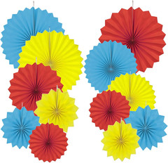 Paper round Fan Party Decorations, Blue Yellow Hanging Fans for Carnival Circus,