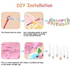 Birthday Decorations, Happy Birthday Banner Sign with Ice Cream Hanging Swirl…