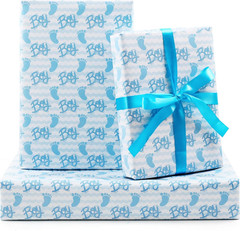 Baby Shower Wrapping Paper Boy, It’s a Boy Baby Boy Feet Blue White Stripes Wrap