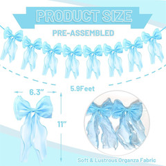 Blue Bow Garland Banner, Pre-Strung Satin Ribbon Bow Themed Party Decorations, B