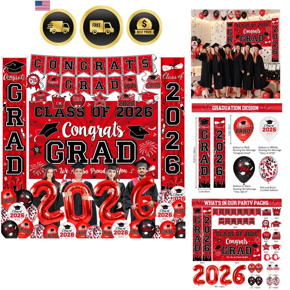 Graduation Decorations Class of 2026 – Red Graduation Party Supplies with Con…