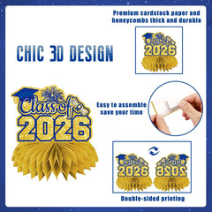 12Pcs Blue and Gold Graduation Decorations 2026 Honeycomb Centerpieces 2026 Grad