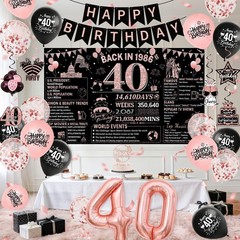 40th Birthday Decorations for Women – Rose Gold & Black Banner, Balloons, Cake T