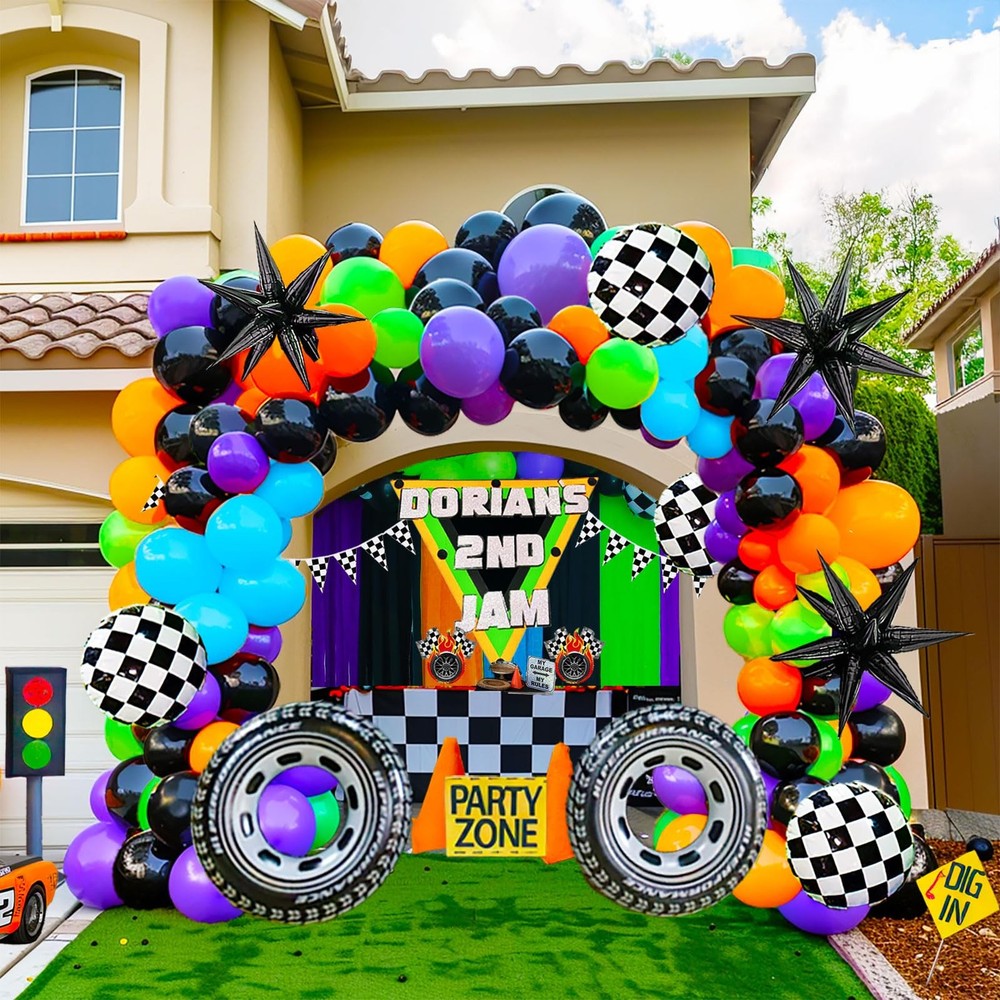 Monster Truck Theme Balloon Garland Arch Kit vibrant Orange Green Purple with…