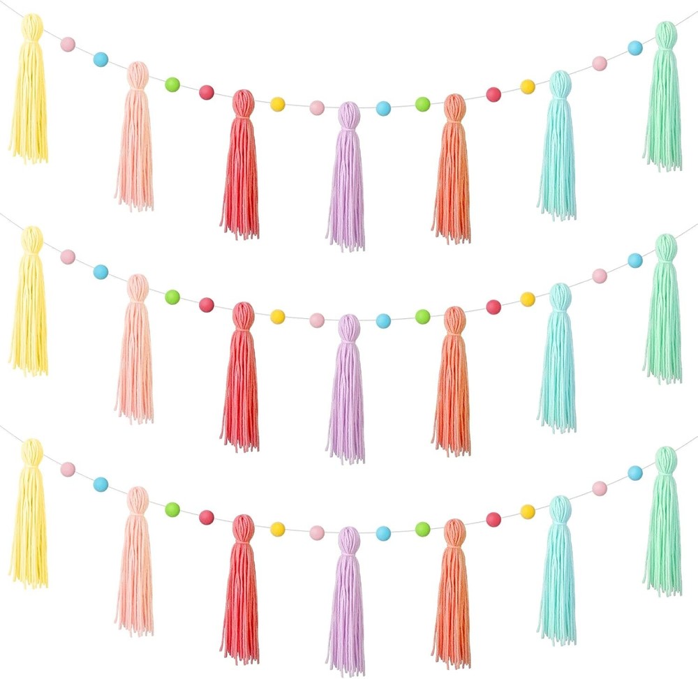 3-Piece Set: Colorful Bohemian Fringe Wreaths with Rainbow Pom-Poms