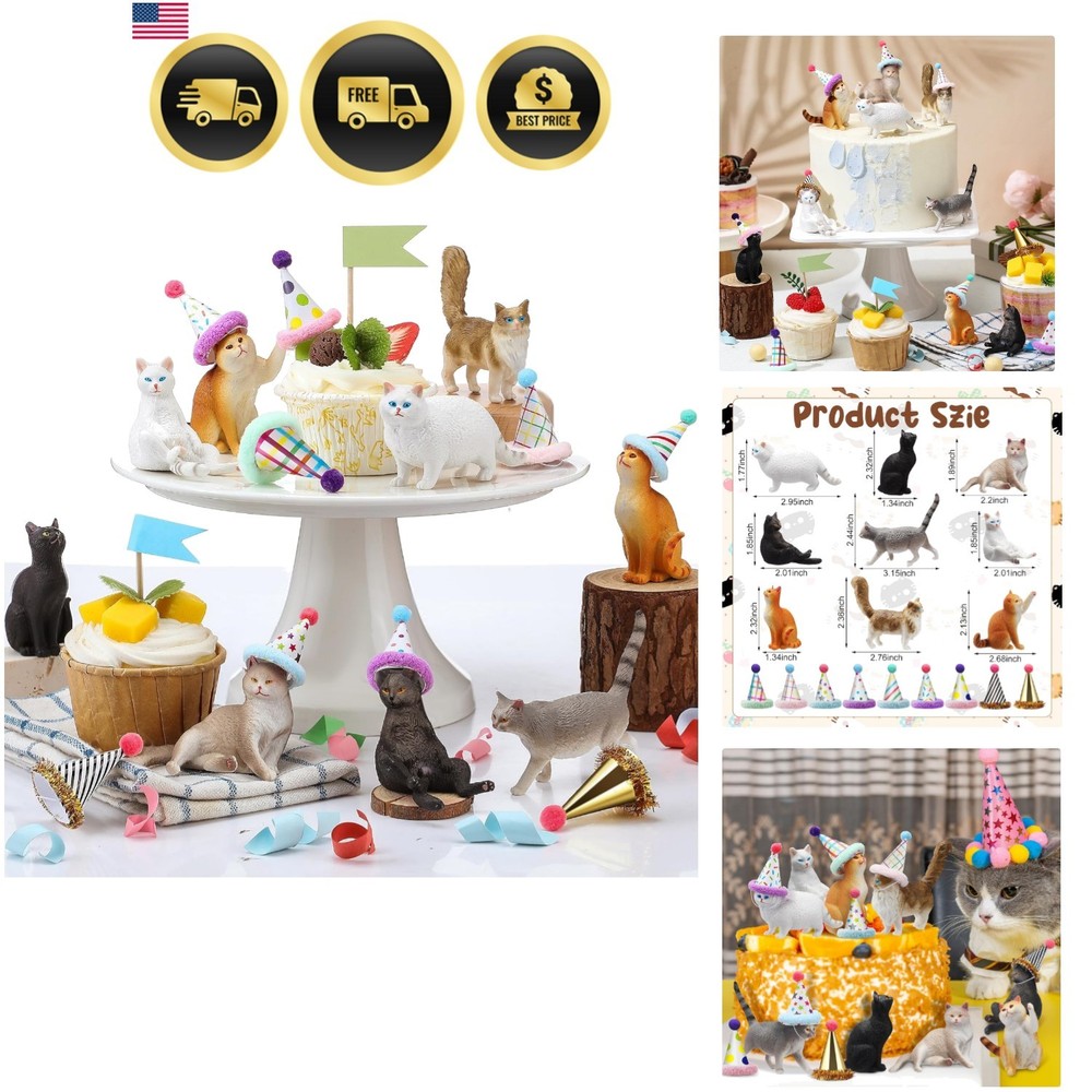 18 Pcs Cat Birthday Party Decorations Mini Birthday Hat Animal Figure Model C…