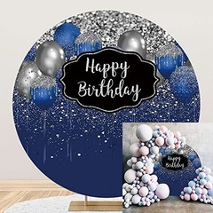 Royal Blue Happy Birthday Round Backdrop Cover Silver Bokeh Sequin Spots