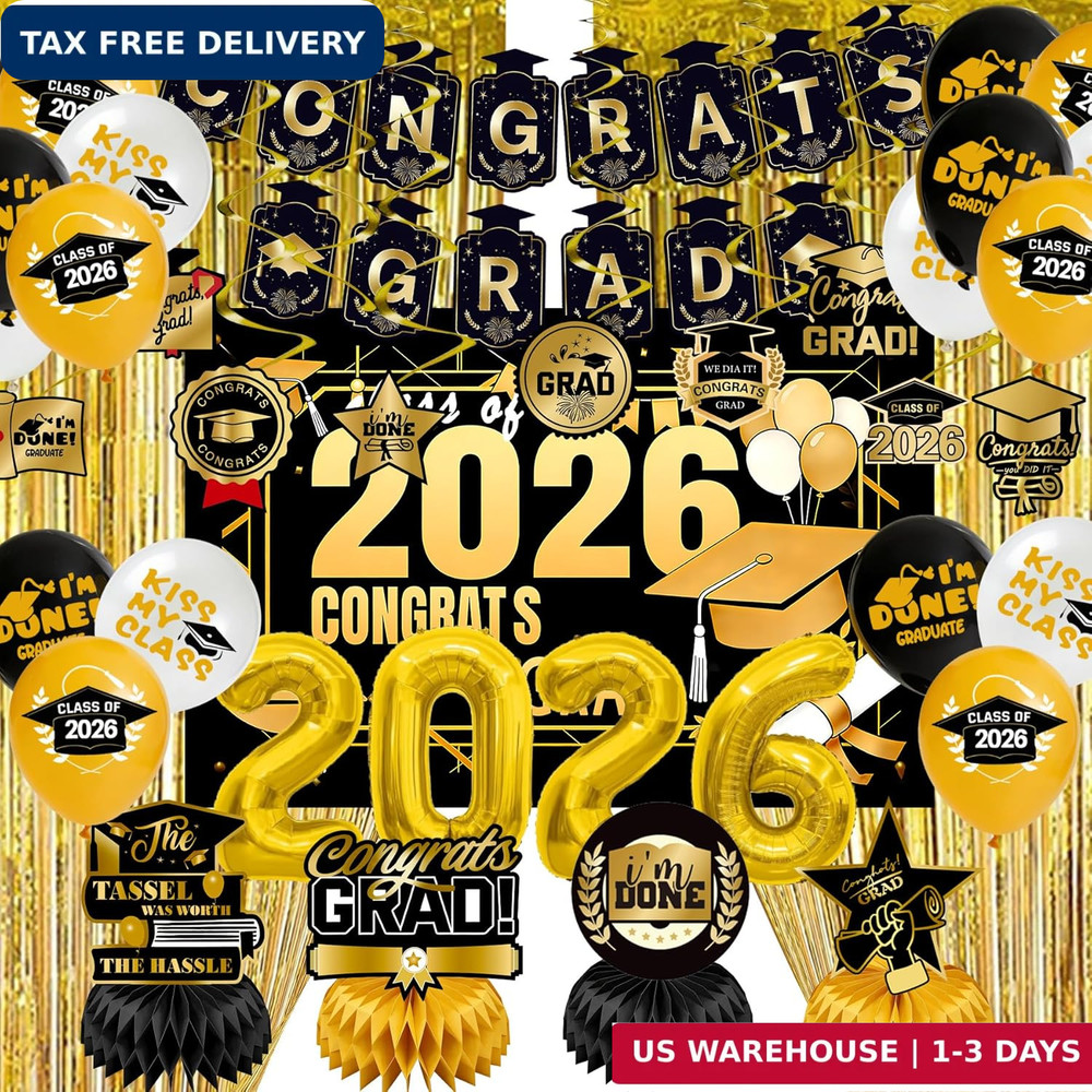 Graduation Party Decorations 2026–Black Gold Grad Banner, Class of Backdrop, Bal