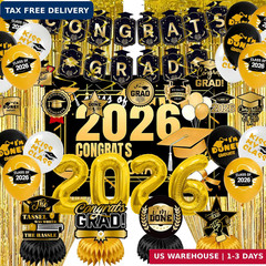 Graduation Party Decorations 2026–Black Gold Grad Banner, Class of Backdrop, Bal