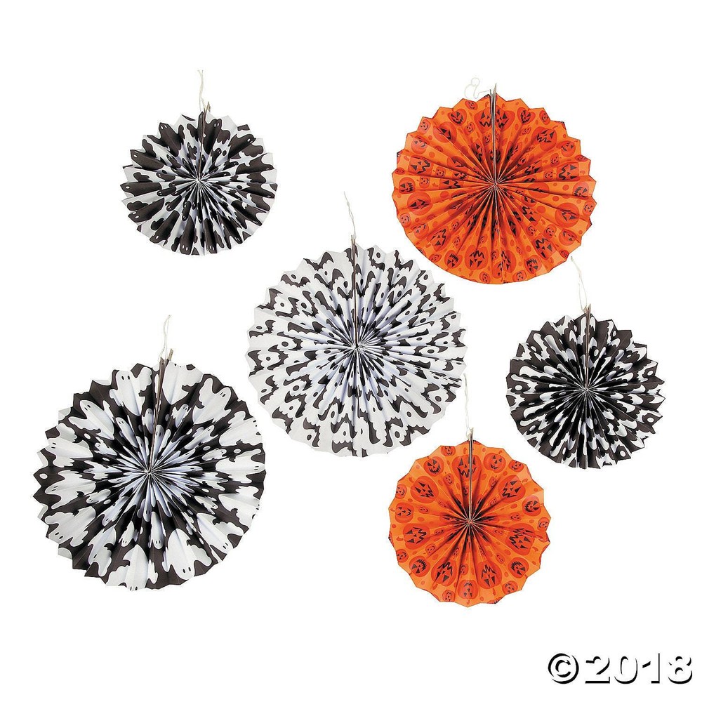 6 HALLOWEEN HANGING PAPER FANS ORANGE BLACK & WHITE BATS GHOST PARTY DECORATIONS