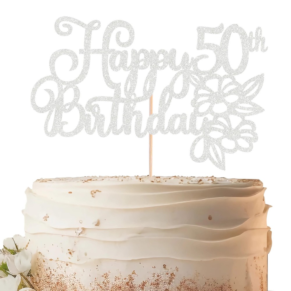 Silver Glitter 50th Birthday Cake Topper Cheers to 50 Years Party Decor