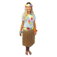 Costume Set Hawaiian Grass Skirt With Flower Lei, Headband & Wristlets 5 Pc Set