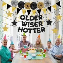 Turypaty Older Wiser Hotter Triangle Flag Birthday Banner Black Gold