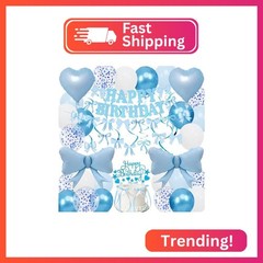 Blue Bow Birthday Decorations, Happy Birthday Banner Garland and Hanging Swirls,