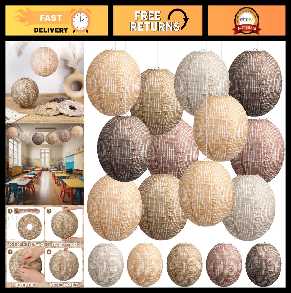 12 Pcs 8″ Burlap Hanging Paper Lanterns – Boho Party Decor for Classroom, Weddin