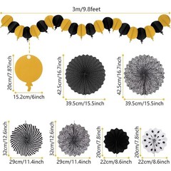 Black and Gold Decorations, Paper Pompoms Fan for Graduation Birthday Wedding