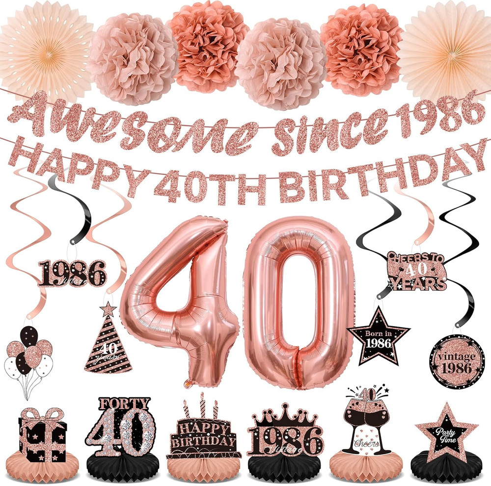 40Th Birthday Decorations Kit for Women, Rose Gold Happy 40Th Birthday Banner, A