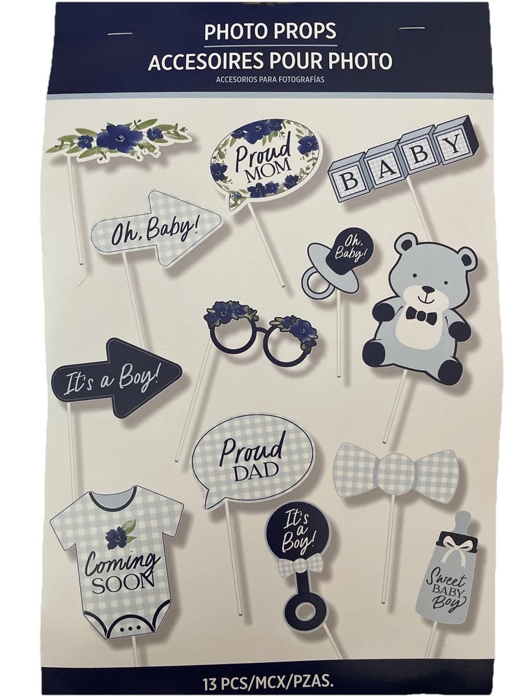 Blue Gingham, ￼Baby Shower Photo Booth Props, Its a Boy Baby Decorations 13 Pc