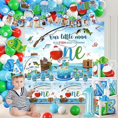 Ofishally One Birthday Decorations,161pcs Gone Fishing 1st Birth day Party Banne