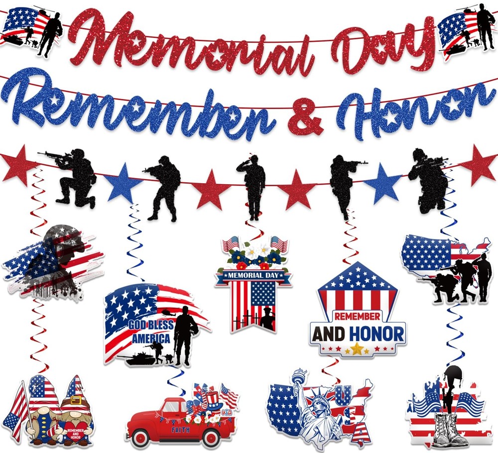 Memorial Day Decorations Banner and Hanging Swirls, No-DIY Memorial Day Remem…