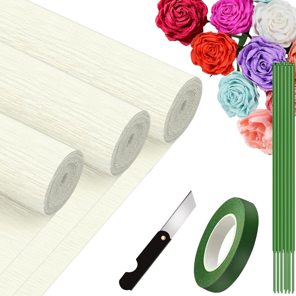 Crepe Paper Roll 9.8Inch x 8.2Ft/3Rolls Heavy Papel Crepe Set Multi-Color Whi…