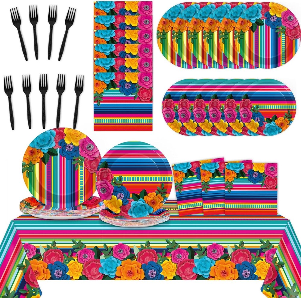 98 Pcs Mexican Fiesta Party Supplies Mexican Theme Tableware Set Cinco De May…