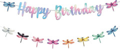 Dragonfly Happy Birthday Banner Iridescent Insect Sign Hanging Paper Birthday Pa