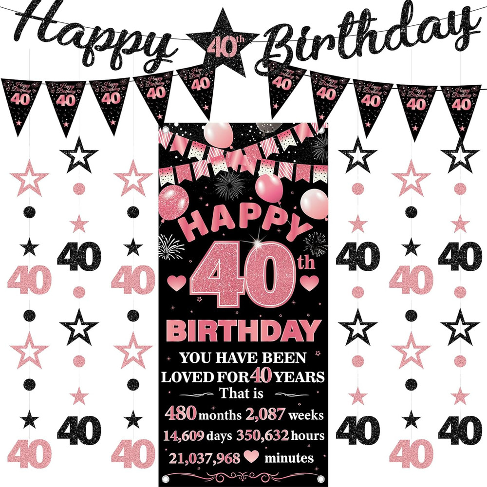 40Th Birthday Decorations Banner Women – 9 Pcs Rose Gold Black Happy 40Th Bday B
