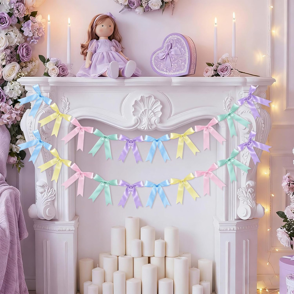 2 Pcs Pastel Bow Garland Banner, Pre-Strung Satin Ribbon Bow Banner Pastel Party