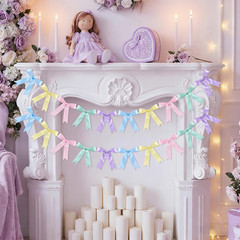 2 Pcs Pastel Bow Garland Banner, Pre-Strung Satin Ribbon Bow Banner Pastel Party
