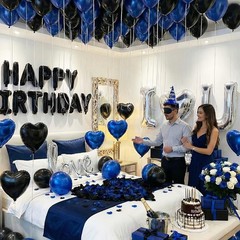 Blue Black Silver Balloons with I LOVE YOU & HAPPY BIRTHDAY Foil Balloons & R…