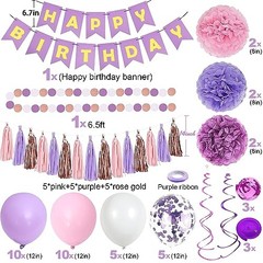 Pink Birthday Party Decorations for Women Girls with Happy Birthday Purple