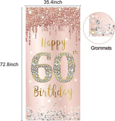 60Th Birthday Door Banner Decorations for Women, Pink Rose Gold Happy 60Th Birth