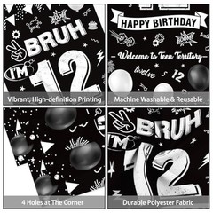 12th Birthday Decorations for Boys – Black Party Supplies, Banner, Tablecloth, C