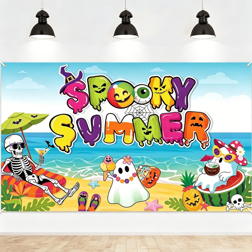 Summerween Backdrop Halloween Beach Skeleton Sunset Banner Photo Background