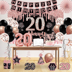 20th Birthday Party Decorations Set Rose Gold Black 32PCS Banner Balloons