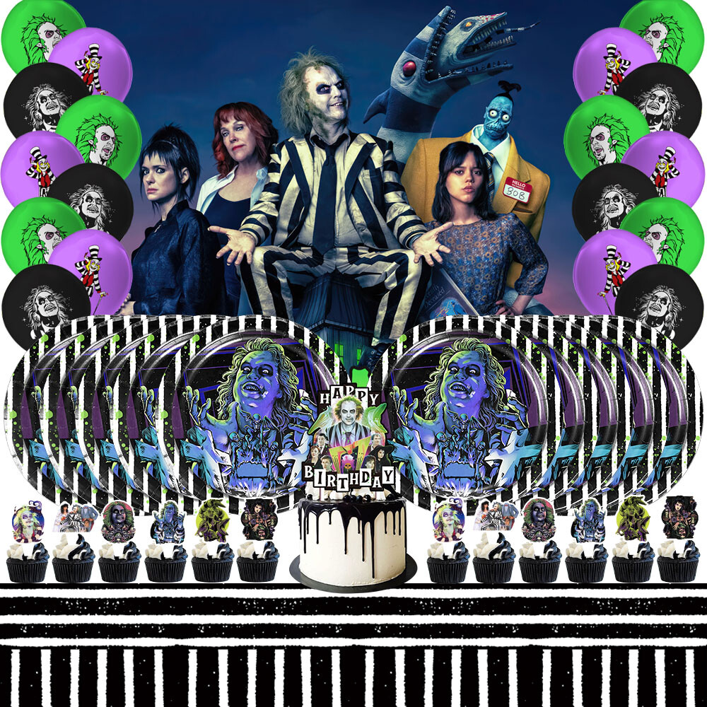 Beetlejuice Party Supplies Set Plates Balloons Cake Toppers Banner Tablecloth