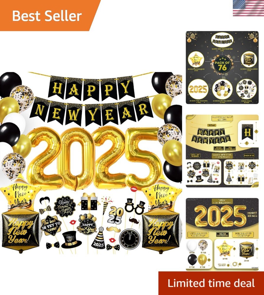 Stunning 76-Piece Black and Gold New Year Decorations for 2025 Celebration