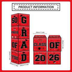 Red and Black Graduation Decorations 2026, 4Pcs Graduation Balloon Boxes with Le