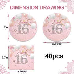 40PCS Sweet 16 Party Decorations – Girls Pink Sweet 16th Birthday Plates and 15