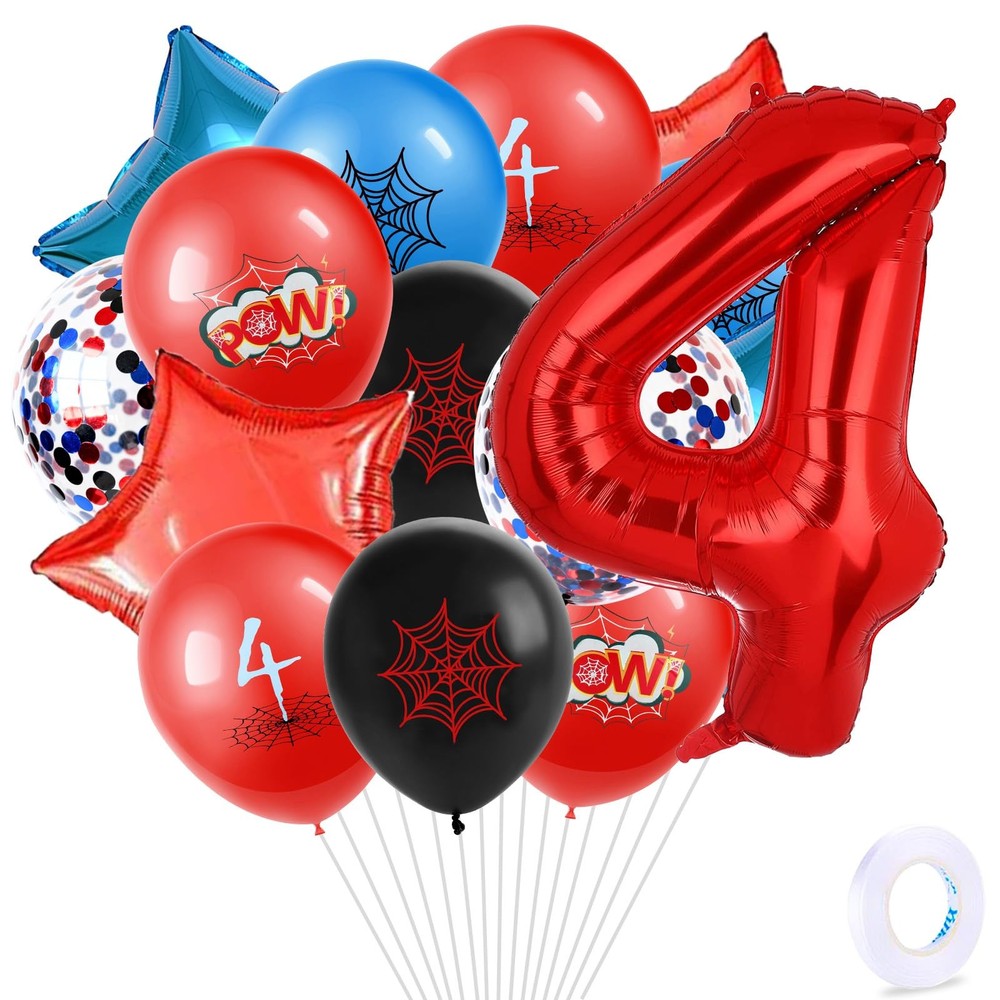 party balloons, Spider themed color scheme, Cartoon Hero 32inch Number 4 Alum…