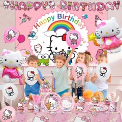 124 Pcs Hello Kitty Party Supplies Plates Foil Balloons Backdrop Tablecloth Cups