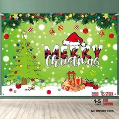 Merry Christmas Backdrop Banner – Green Cartoon Theme – 8x6ft – Christmas Party
