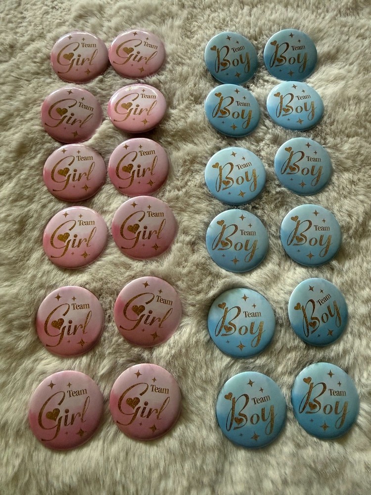 Gender Reveal Button Pins 24pc Team Boy Team Girl Gender Reveal Pins 5CM 12 Each