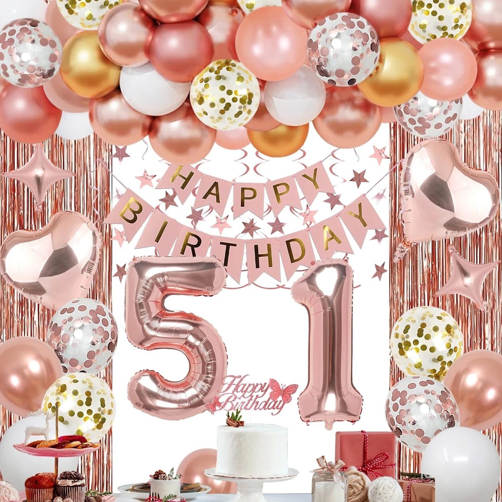 51st Rose Gold Birthday Party Decorations for Women, Rose Gold Happy Birthday…