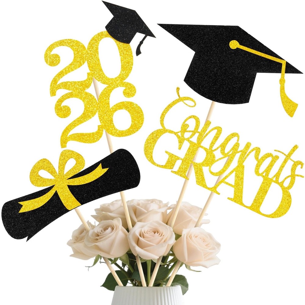 16 Pcs Graduation Decoration 2026 Centerpieces Sticks Gold Black Double Side