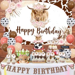 Boho Highland Cow Birthday Decorations Girl, Pink Brown Cow Balloons Party De…