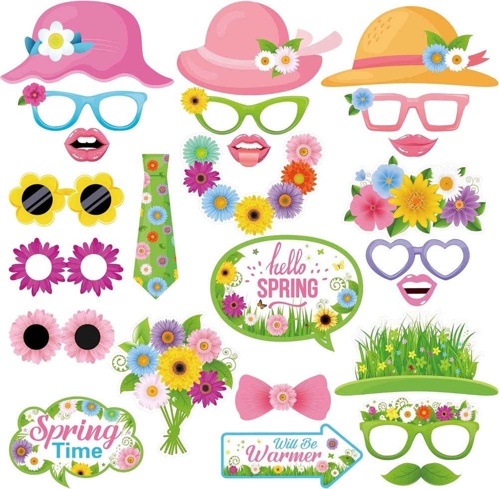 Spring Photo Booth Props with Sticks,Flowers Photo Booth Props, 25 Count